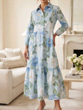 New Collection Floral Cotton Midi Shirt Dress Blue Green Size M